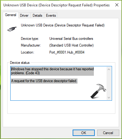 usb device descriptor failed windows 10
